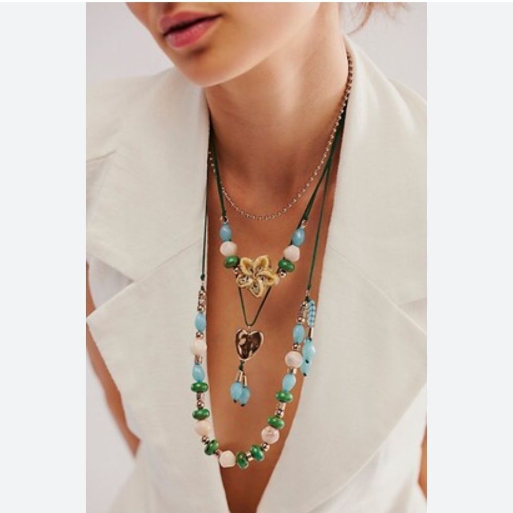 Free People We All Adore Layered 3 Tiered Adjustable Beaded Charm Necklace